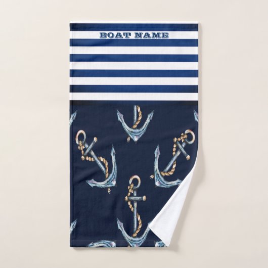 Nautical Boat Name, Anchors Navy Blue Striped Bad Handdoek (Handdoek)