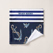 Nautical Boat Name, Anchors Navy Blue Striped Bad Handdoek (Wasdoekje)