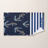 Nautical Boat Name, Anchors Navy Blue Striped Bad Handdoek (Handdoek)