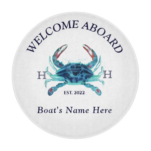 Nautical Boat Name Blauwgroen Crab Welcome Navy Bl Snijplank (Voorkant)