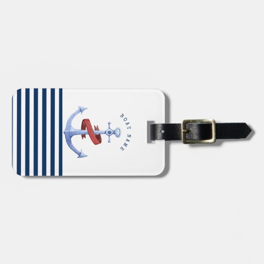 Nautical Boat Name, Blue Anchor Navy Blue Striped Bagagelabel (Voorkant horizontaal)