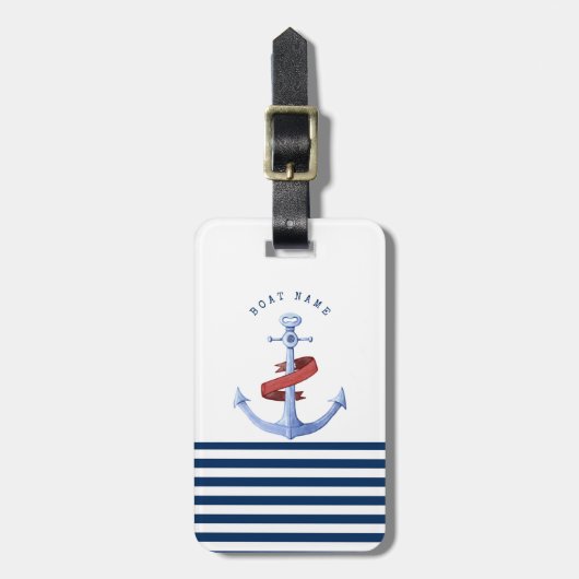 Nautical Boat Name, Blue Anchor Navy Blue Striped Bagagelabel (Voorkant verticaal)