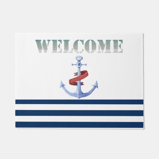 Nautical Boat Name, Blue Anchor Navy Blue Striped Deurmat (Voorkant)