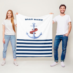 Nautical Boat Name, Blue Anchor Navy Blue Striped Fleece Deken