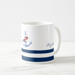 Nautical Boat Name, Blue Anchor Navy Blue Striped Koffiemok