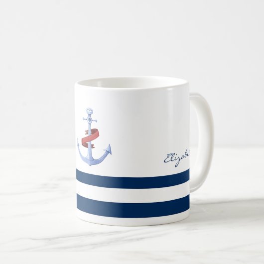 Nautical Boat Name, Blue Anchor Navy Blue Striped Koffiemok (Voorkant rechts)