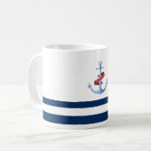 Nautical Boat Name, Blue Anchor Navy Blue Striped Koffiemok (Voorkant links)