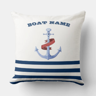 Nautical Boat Name, Blue Anchor Navy Blue Striped Kussen