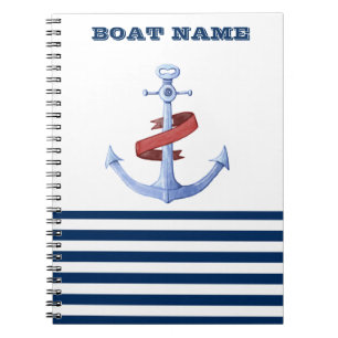 Nautical Boat Name, Blue Anchor Navy Blue Striped Notitieboek