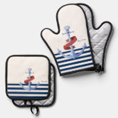 Nautical Boat Name, Blue Anchor Navy Blue Striped Ovenwant & Pannenlap Set (Voorkant / Achterkant)