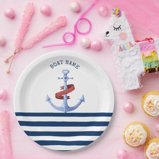 Nautical Boat Name, Blue Anchor Navy Blue Striped Papieren Bordje (Feest)