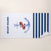 Nautical Boat Name, Blue Anchor Navy Blue Striped Strandlaken (Voorkant)