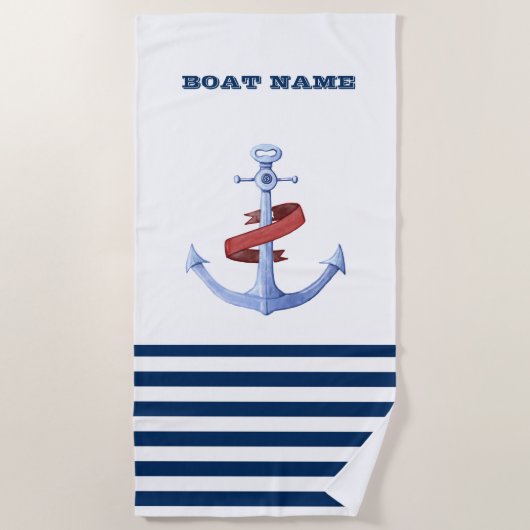 Nautical Boat Name, Blue Anchor Navy Blue Striped Strandlaken (Voorkant)