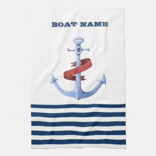 Nautical Boat Name, Blue Anchor Navy Blue Striped Theedoek