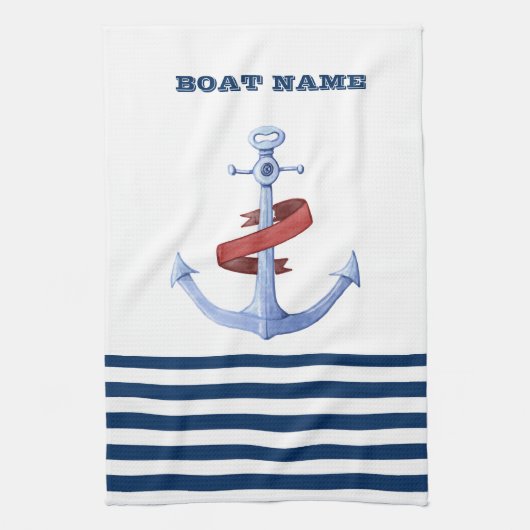 Nautical Boat Name, Blue Anchor Navy Blue Striped Theedoek (Verticaal)