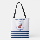 Nautical Boat Name, Blue Anchor Navy Blue Striped Tote Bag (Achterkant)
