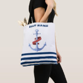 Nautical Boat Name, Blue Anchor Navy Blue Striped Tote Bag (Dichtbij)