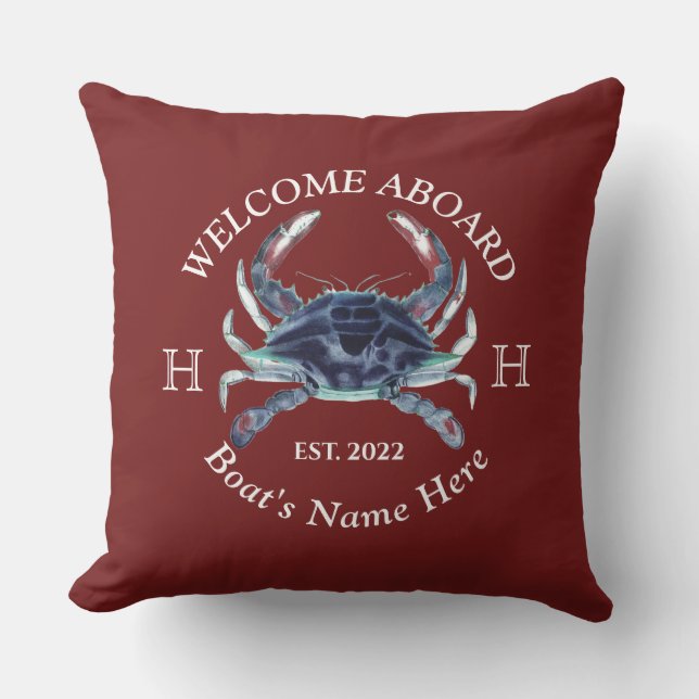 Nautical Boat Name Blue Crab Welkom Burgundy Red Buitenkussen (Voorkant)