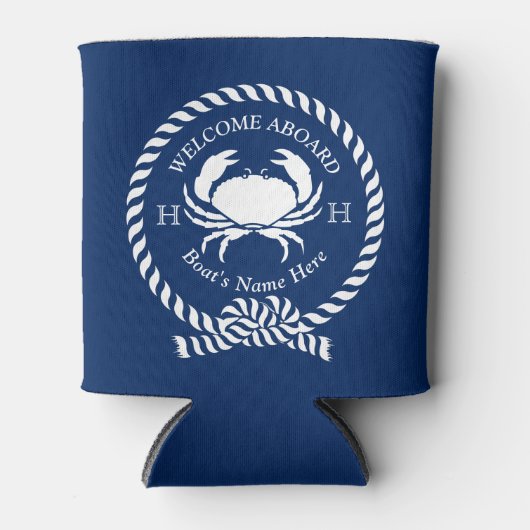 Nautical Boat Name Crab Rope Navy Blue Welkom Blikjeskoeler (Voorkant)
