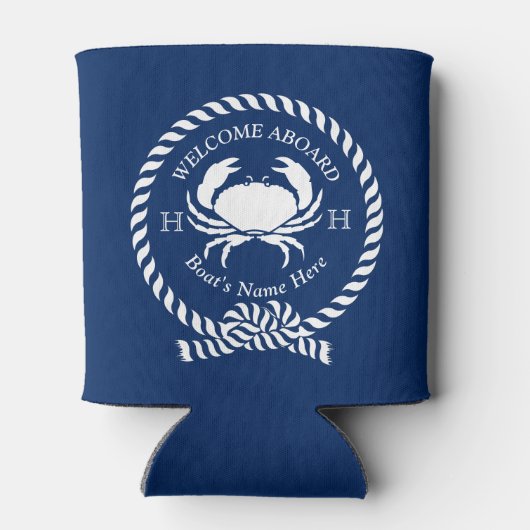 Nautical Boat Name Crab Rope Navy Blue Welkom Blikjeskoeler (Achterkant)