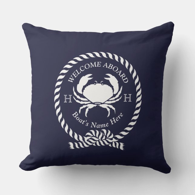 Nautical Boat Name Crab Rope Navy Blue Welkom Buitenkussen (Voorkant)