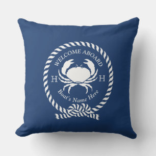 Nautical Boat Name Crab Rope Navy Blue Welkom Buitenkussen