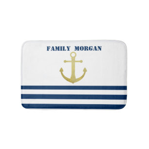 Nautical boat Name,Gold Anchor Navy Blue Stripes Badmat
