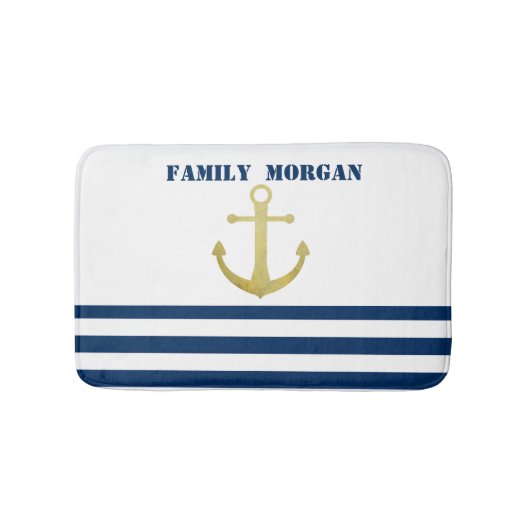 Nautical boat Name,Gold Anchor Navy Blue Stripes Badmat (Voorkant)