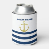 Nautical boat Name,Gold Anchor Navy Blue Stripes Blikjeskoeler (Blikje Voorkant)