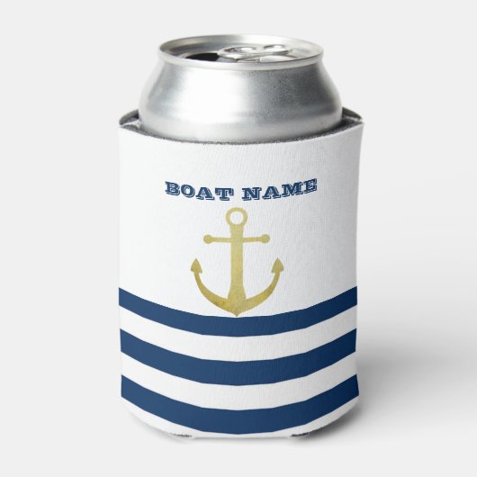 Nautical boat Name,Gold Anchor Navy Blue Stripes Blikjeskoeler (Blikje Voorkant)