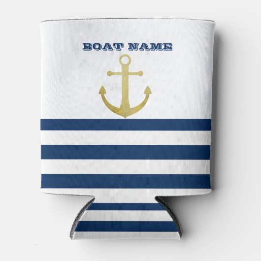 Nautical boat Name,Gold Anchor Navy Blue Stripes Blikjeskoeler (Voorkant)