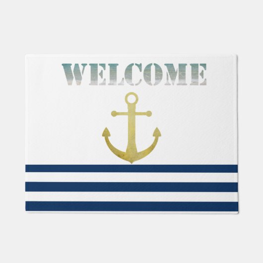 Nautical boat Name,Gold Anchor Navy Blue Stripes Deurmat (Voorkant)