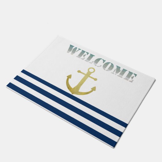 Nautical boat Name,Gold Anchor Navy Blue Stripes Deurmat (Schuin)