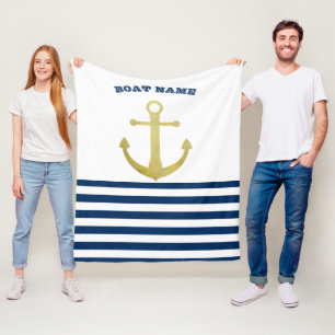 Nautical boat Name,Gold Anchor Navy Blue Stripes Fleece Deken
