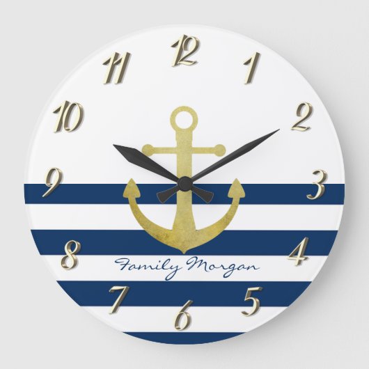Nautical boat Name,Gold Anchor Navy Blue Stripes Grote Klok (Voorkant)