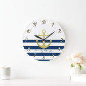 Nautical boat Name,Gold Anchor Navy Blue Stripes Grote Klok (Huis)