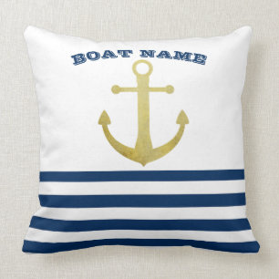 Nautical boat Name,Gold Anchor Navy Blue Stripes Kussen