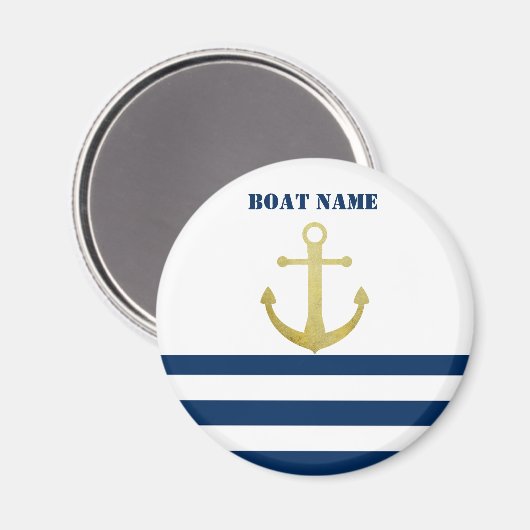 Nautical boat Name,Gold Anchor Navy Blue Stripes Magneet (Voorkant / Achterkant)