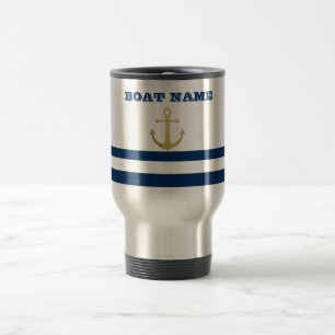 Nautical boat Name,Gold Anchor Navy Blue Stripes Reisbeker