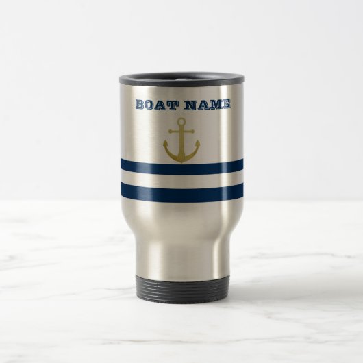 Nautical boat Name,Gold Anchor Navy Blue Stripes Reisbeker (Center)