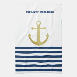 Nautical boat Name,Gold Anchor Navy Blue Stripes Theedoek