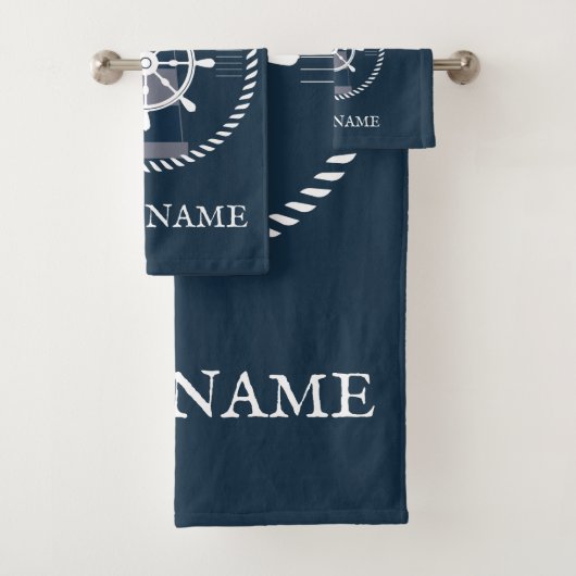 Nautical Boat Name Navy Blue Bad Handdoek (Insitu)