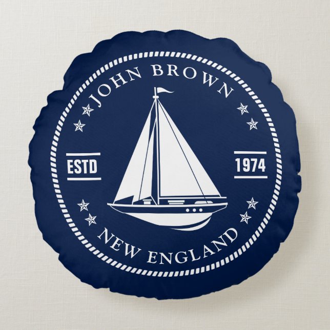 Nautical Boat Name Navy Blue Rond Kussen (Voorkant)