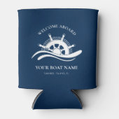 Nautical Boat Name Navy Blue Shield Wheel Welkomst Blikjeskoeler (Voorkant)
