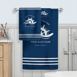 Nautical Boat Name Navy Blue Ship Wheel Bad Handdoek