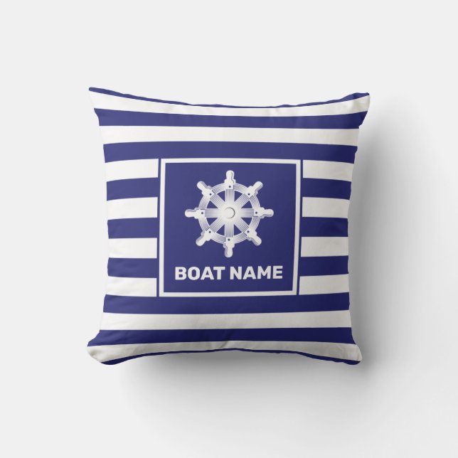 Nautical boat Name Navy Blue Striped Design Kussen (Voorkant)
