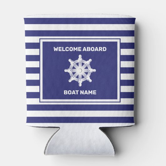Nautical boat Name Navy Blue Striped Koooler Blikjeskoeler (Achterkant)
