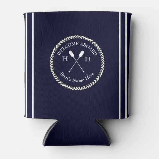 Nautical Boat Name Paddles Rope Navy Blue Welkom Blikjeskoeler (Voorkant)