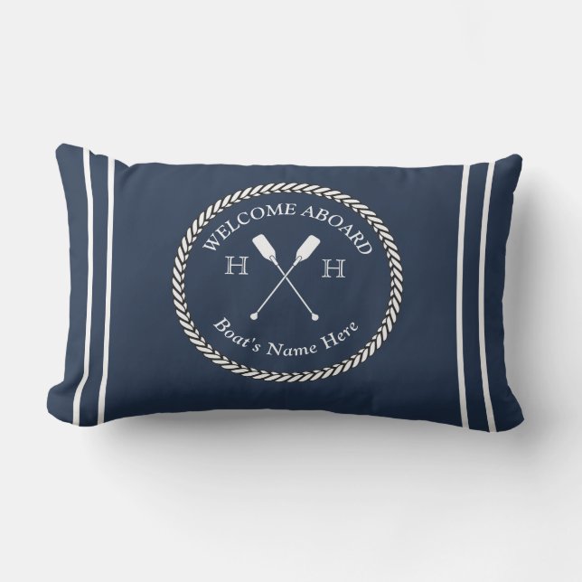 Nautical Boat Name Paddles Rope Navy Blue Welkom Buitenkussen (Voorkant)