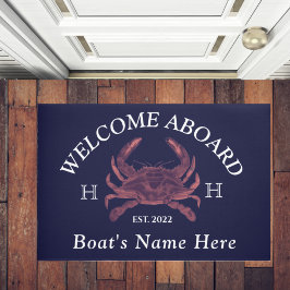 Nautical Boat Name Red Crab Welcome Naval Blue Deurmat